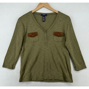 CHAPS DENIM Top Womens L Utility Popover 3/4 Sleeve Slub Jersey Cotton Green